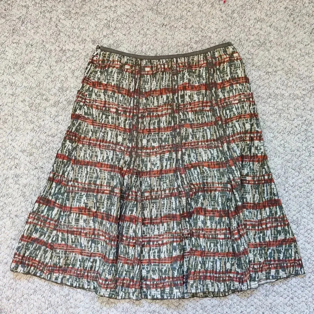 Nic + Zoe Women's Striped Camo Printed Midi Skirt Pleated Sz 12 Green Red A-line